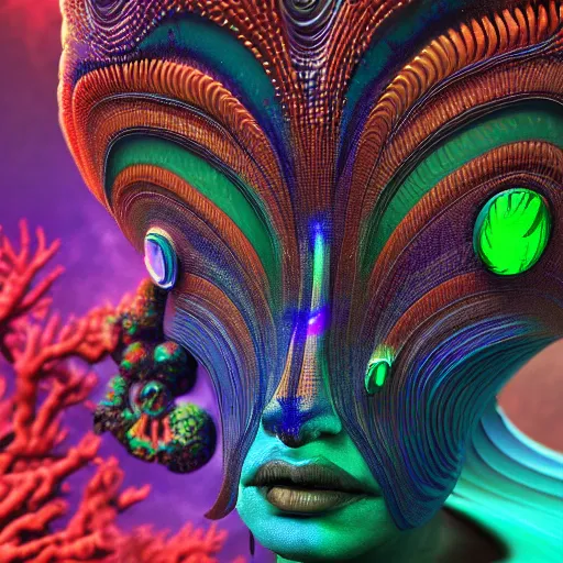 Image similar to Face of a Alien Deity, corals, plume made of fractals, extremly detailed digital painting, in the style of android jones, artwork of a futuristic artificial intelligence superstar, mystical colors, rim light, beautiful lighting, 8k, stunning scene, raytracing, octane, trending on artstation