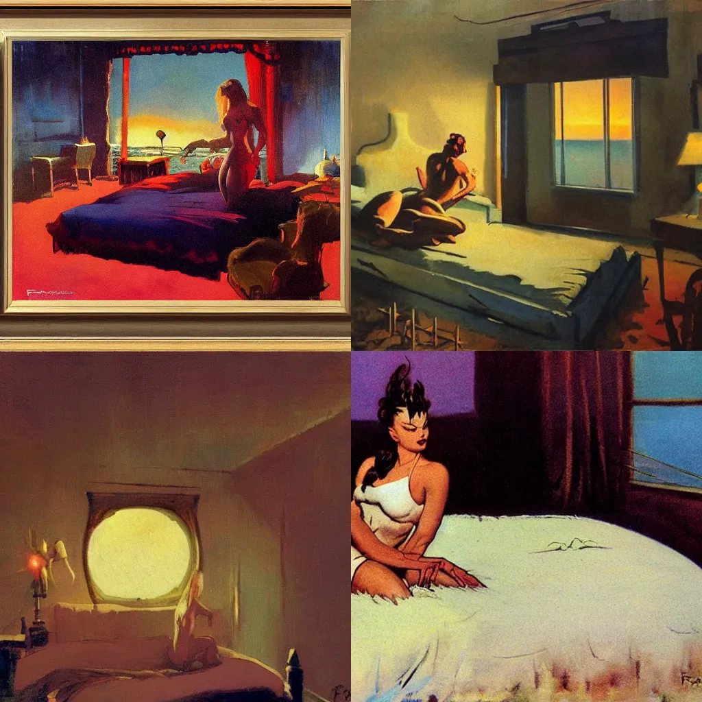 Prompt: sunset bedroom by frazetta