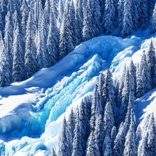 Prompt: British Columbia mountain valley, scenery, winter, helicopter view, hyper realistic, epic, frozen waterfall