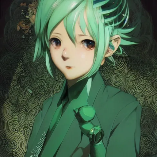 Image similar to hatsune miku short hair, anime style, hyper detailed, light green dress, illustration, digital painting, art by artgerm and greg rutkowski and alphonse mucha, high delicate defined details, anime stylized, highly detailed, realistic, sharp focus, styled by rhads