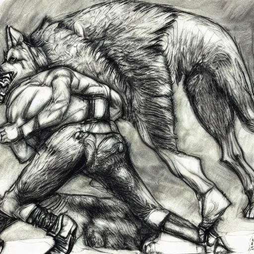 Image similar to a humanoid german shepherd beast - man wrestling with another german shepherd in the middle of an arena, pencil art, added detail, high definiton, colored, aerial viewyoji shinkawa