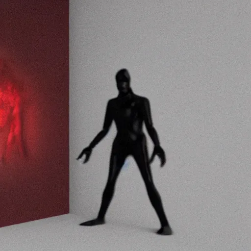 Image similar to cctv of an extremely dark empty room with glowing humanoid cryptid monster made out of static, dark deep black shadows, red and black color contrast in the style of trevor henderson and james ensor goya, liminal space, 3 d octane render, glitch effect