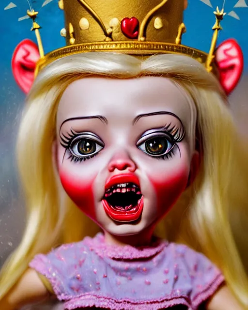 Prompt: closeup profile portrait of a tin toy ivanka trump screaming as a fairytale princess chucky doll wearing a crown and eating cakes, bikini, hyper realistic, artstation, illustration, nicoletta ceccoli, mark ryden, lostfish, max fleischer, digital paint, matte paint, vivid colors, bright, cheerful, detailed and intricate environment
