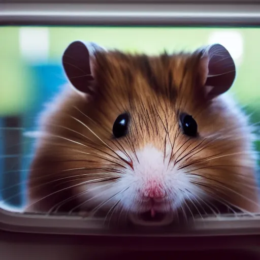 Image similar to photo of a hamster inside a train, looking out of a train window, various poses, unedited, soft light, sharp focus, 8 k