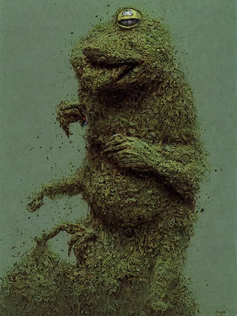 Image similar to bloody Kermit the frog megalophobia by Beksinski, macro,hd