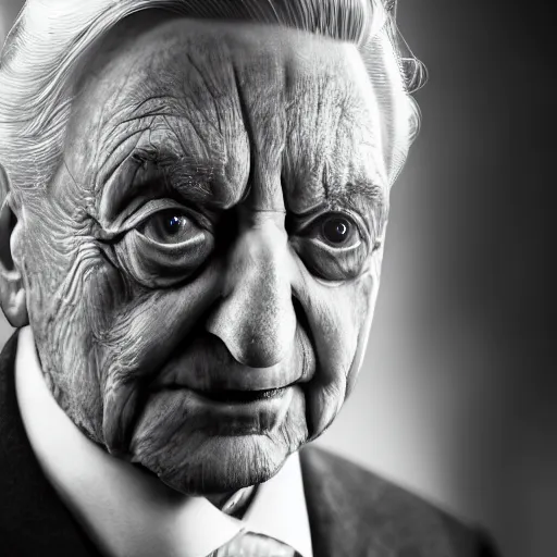 Image similar to Portrait of George Soros as an angry vampire, splash art, movie still, cinematic lighting, dramatic, octane render, long lens, shallow depth of field, bokeh, anamorphic lens flare, 8k, hyper detailed, 35mm film grain