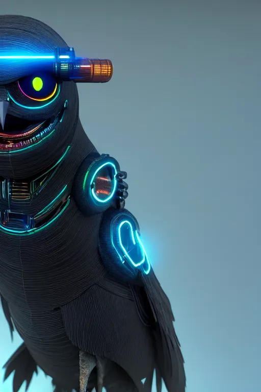 Image similar to high quality 3 d render very cute cyborg crow! incorporated speakers!, cyberpunk highly detailed, unreal engine cinematic smooth, in the style of blade runner & detective pikachu, hannah yata charlie immer, moody light, low angle, uhd 8 k, sharp focus