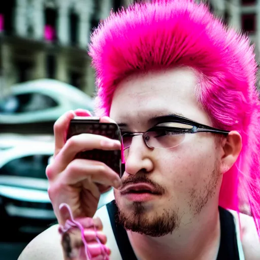 Image similar to street portrait of a pink with a pink mohawk, looking to his phone, candid portrait, street photography, high detail, 5 0 mm lens, heavy bokeh, fine details