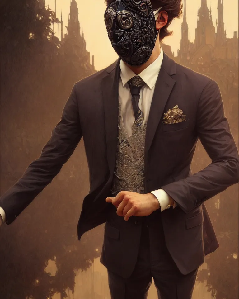 Image similar to ultra realistic illustration, a male with fabric mask, suit and tie, intricate, elegant, highly detailed, digital painting, artstation, concept art, smooth, sharp focus, illustration, art by artgerm and greg rutkowski and alphonse mucha