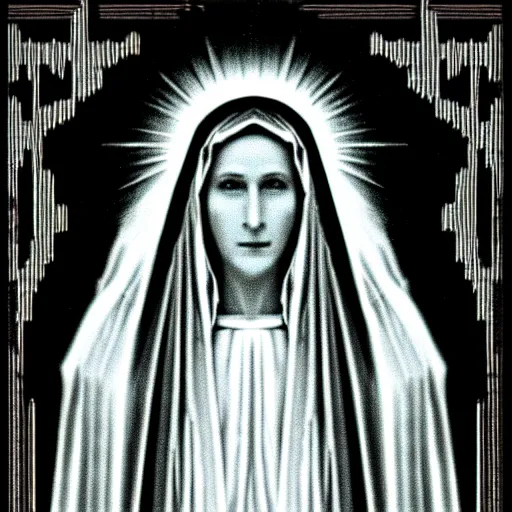 Image similar to marian apparition, found footage, vhs, 1 9 9 0, beautiful, highly realistic, highly detailed, vhs noise static, black and white, vhs glitch