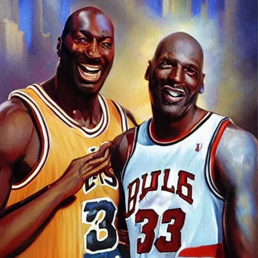 Image similar to portrait of larry bird and michael jordan sharing hotdogs, an oil painting by ross tran and thomas kincade w 7 6 8