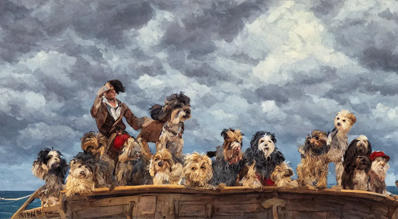 Image similar to havanese dogs and men looking worried, standing on top of a barquetine sailing boat, stormy skies, 1 9 0 0, looking out to the see, leaving the port at havana, 1 9 0 0, tartakovsky, atey ghailan, goro fujita, studio ghibli, rim light, dark lighting, clear focus, very coherent