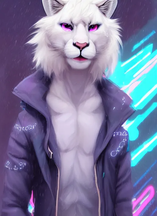 Image similar to award winning beautiful portrait commission of a male furry anthro albino mountain lion fursona with a tail and a cute beautiful attractive detailed furry face wearing stylish cyberpunk clothes in a cyberpunk city at night while it rains. Blue and pink. Character design by charlie bowater, ross tran, artgerm, and makoto shinkai, detailed, inked, western comic book art