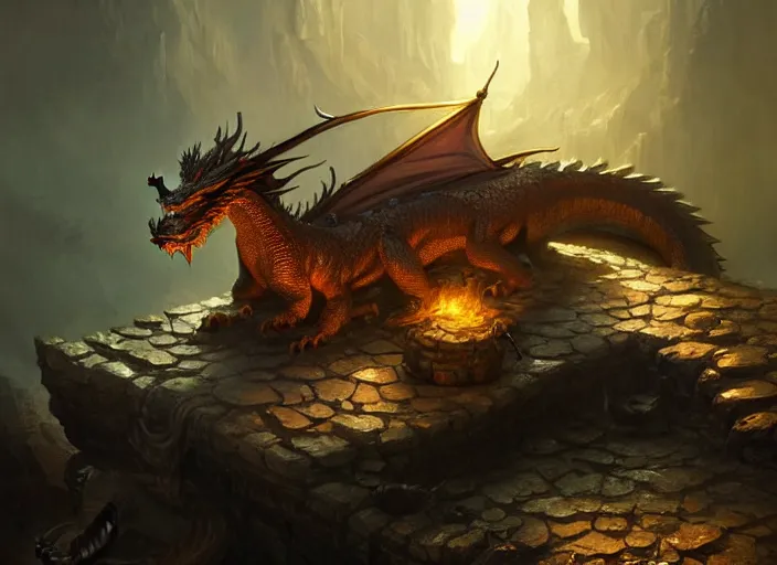 Image similar to dragon sleeping on a pile of treasure, dramatic light, dungeon background, torches, high detail, fantasy background, painted by stanley lau, painted by greg rutkowski, painted by stanley artgerm, digital art, trending on artstation