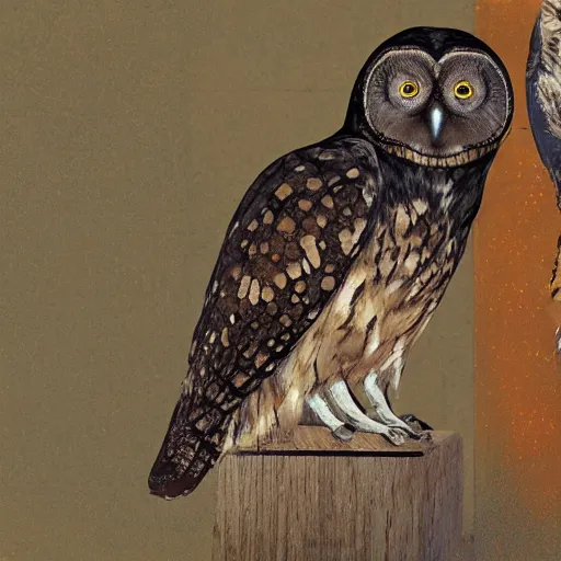 Prompt: an owl befriending a crow, modigliani, intricate detail, klimt, whistler, octane render, unreal engine,