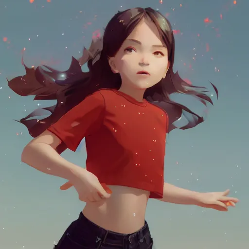 Prompt: Full body, splash art by WLOP, Ilya kuvshinov, Krenz Cushart, and Greg Rutkowski, trending on artstation. Realistic fantasy cute Latina Pixar-style young girl, expressing joy, silky hair, wearing a red-sleeved white t-shirt with jeans, she has fire powers, her hair glows super glowy fire, Cinematic dramatic atmosphere of a mystic forest, sharp focus, soft volumetric studio lighting.