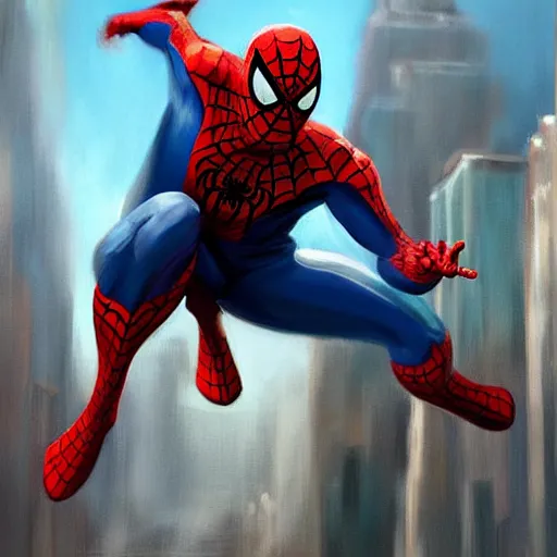 Image similar to oil painting of spiderman swinging through new york city buildings. far away, from behind, epic, sense of motion, motion blur, artstation, artgerm