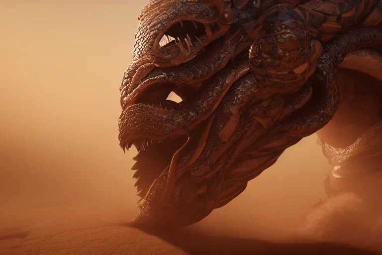 Prompt: cinematic closeup portrait of a colossal monster serpent in a sandstorm, detailed textures, dramatic lighting, unreal engine, cgsociety, artstation, 4k