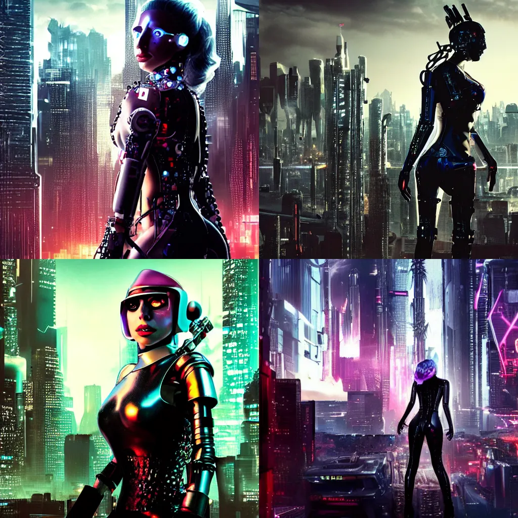 Prompt: lady gaga as a cyborg, cyberpunk city in the background, high fantasy art movie poster, ultra hd, cinematic lighting,