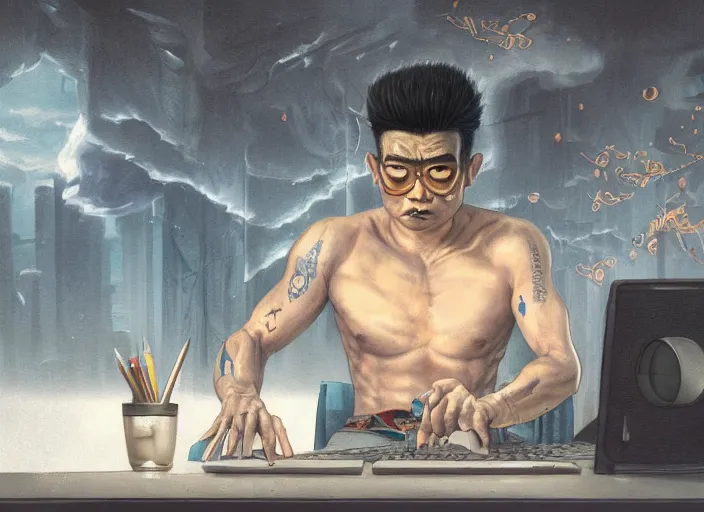 Image similar to an insanely detailed painting of an asian man wearing a homemade superhero costume, sitting at a desk, staring seriously at the computer and typing, in the style of peter mohrbacher, james jean, ruan jia, dramatic lighting and composition, surreal background, octane render, pixar, trending on artstation, concept art, comic book, view from behind, 8 k