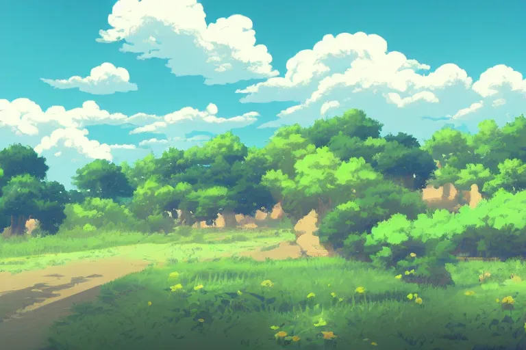 Image similar to landscape, summer, morning, beautiful cloud, quiet, no people, Anime Background, illustration, sharp focus, intricate, super wide angle, trending on artstation, trending on deviantart, pixelart, pixelperfect, pixel art, pixel, color limit, nearest neighbor, hard edges, art of Kirokaze pixel, art of Regular FHC, art of Pixel Jeff Franek, art of Aaron Hain, art of kryssalian, Eastward, Pixpil