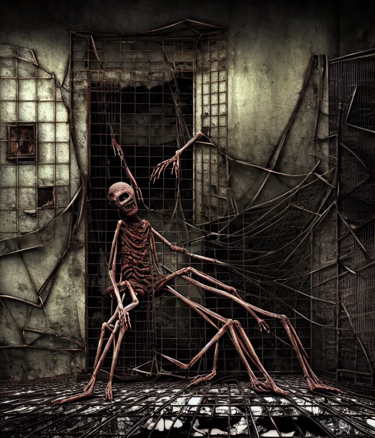 Image similar to Creepy huge suffering humanoid with long limbs sits on the floor and looks at the old TV. An underground very dark gloomy multi-layered structure of rusty thick iron grates, dense chain-link fencing and peeling walls. Inside view, collapsed floors, bent rusted iron, masterpiece, black background, corners, cinematic, hyperdetailed, photorealistic, hyperrealism, octane render, 8k, depth of field, bokeh, architecture, shadows, art by Zdzisław Beksiński, Dariusz Zawadzki