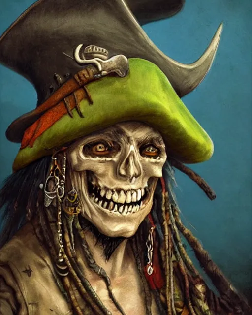 Prompt: an intimate portrait of a gnarly pirate, old skin, faded hat, crooked teeth, green eyes, a look of menace, detailed matte fantasy painting