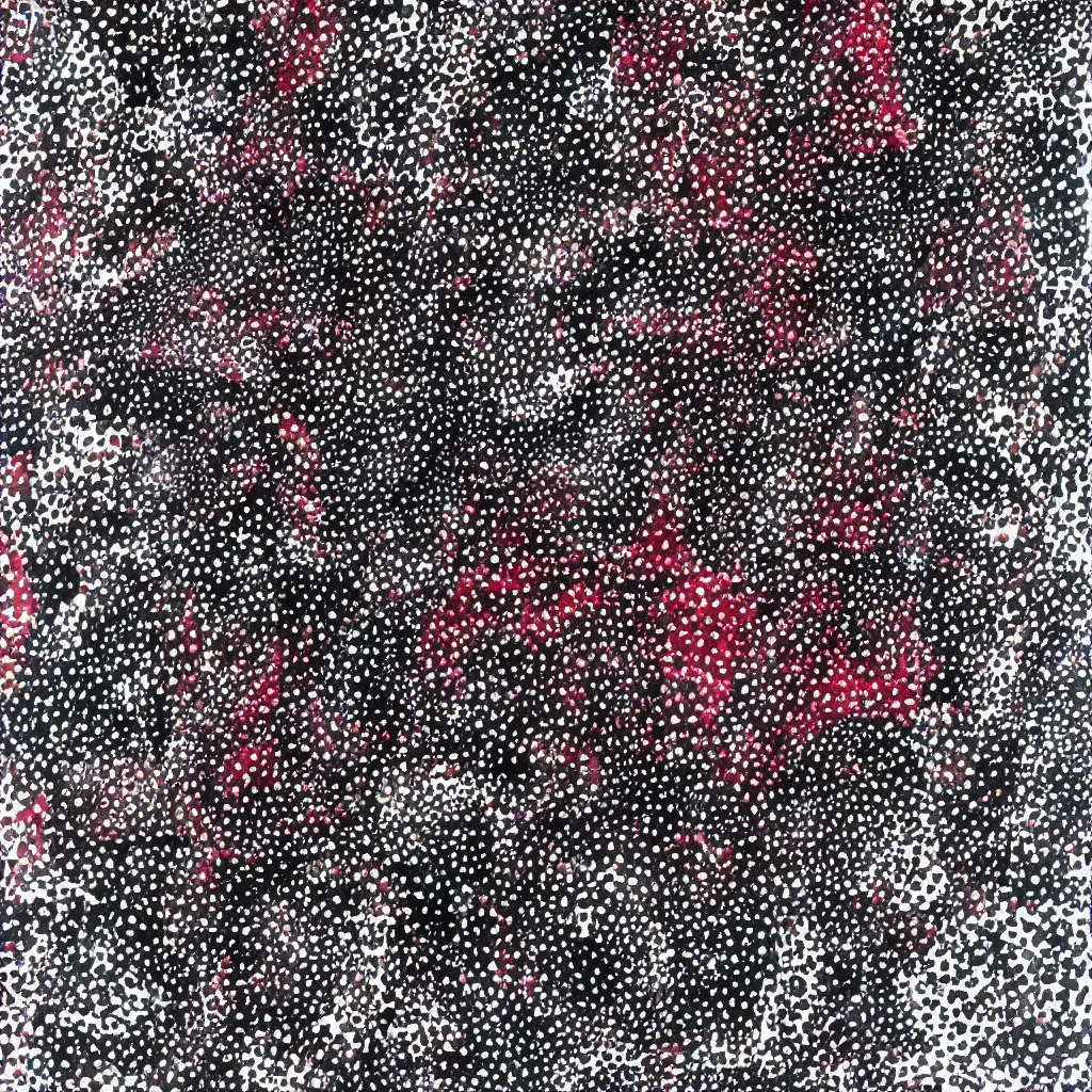 Image similar to camouflage made of hearts, smiling, abstract, rei kawakubo artwork, cryptic, dots, stipple, lines, splotch, color tearing, pitch bending, color splotches, dark, ominous, eerie, minimal, points, technical, old painting