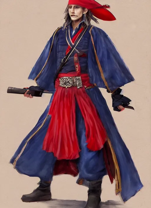 Image similar to a pirate king, old - trimmed uniform with a red sash around his waist, stern expression, blue eyes. hd, 8 k. anime. final fantasy concept art. artwork by wen yu li, art by wen yu li.