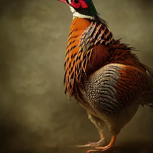 Prompt: Pheasant holding a sword, by lily seika jones Instagram, rivuletpaper art, top cinematic lighting, cinematic mood, very detailed, shot in canon, 8k, high