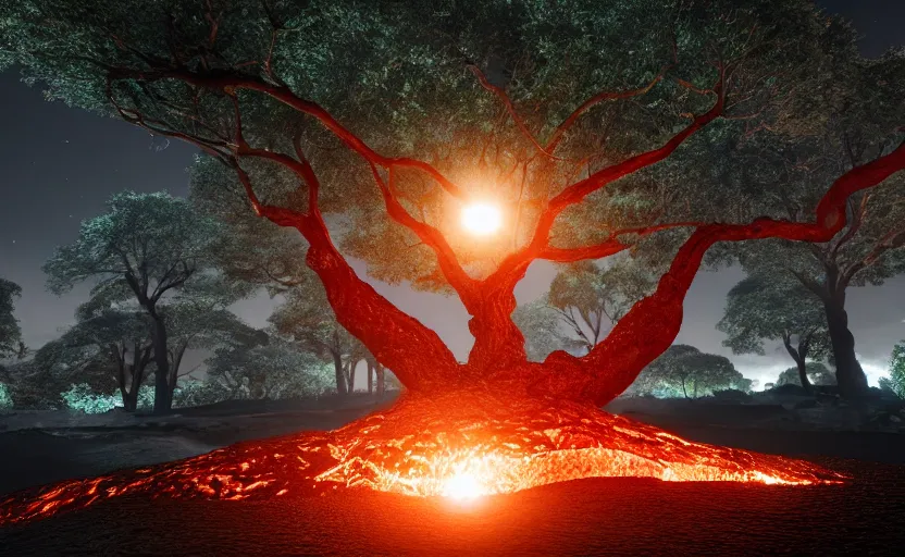 Image similar to photorealistic tree nade of lava. night. lens flare. light fixtures. 8K. detailed. photorealism. artstation. matte painting. 25mm f/1.7 ASPH Lens. ultra realistic