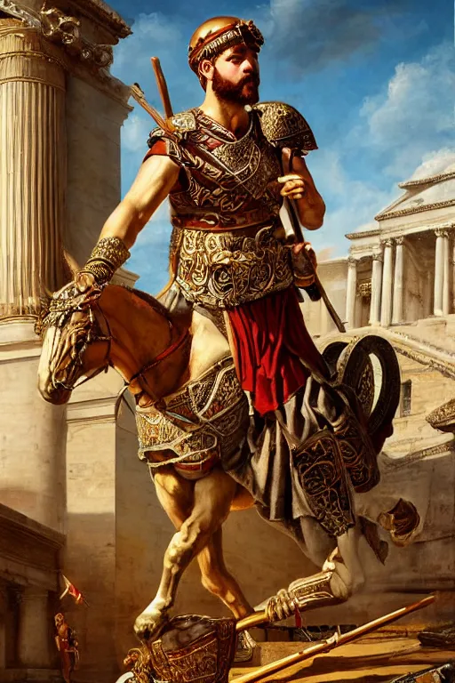 Prompt: roman legionnaire, painting, fine art, high contrast, divine, strong, contre - jour, global illumination, insanely detailed and intricate, elegant, ornate, in neo - classical cityscape