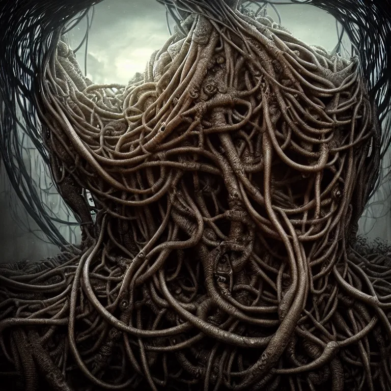 Prompt: ribbed abandoned closeup faceless portrait on exoplanet, covered with tentacles, roots, wires, tubes, baroque painting, standing in a desolate empty wasteland, creepy, nightmare, dream-like heavy atmosphere, surreal abandoned buildings, beautiful detailed intricate insanely detailed octane render trending on Artstation, 8K artistic photography, photorealistic, volumetric cinematic light, chiaroscuro, Raphael, Caravaggio, Beksinski, Giger