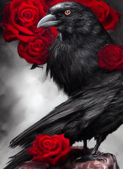 Prompt: red color details, portrait, A crow with red eyes in front of the full big moon, book cover, red roses, red white black colors, establishing shot, extremly high detail, foto realistic, cinematic lighting, by Yoshitaka Amano, Ruan Jia, Kentaro Miura, Artgerm, post processed, concept art, artstation, raphael lacoste, alex ross, portrait, A crow with red eyes in front of the full big moon, book cover, red roses, red white black colors, establishing shot, extremly high detail, foto realistic, cinematic lighting, by Yoshitaka Amano, Ruan Jia, Kentaro Miura, Artgerm, post processed, concept art, artstation, raphael lacoste, alex ross