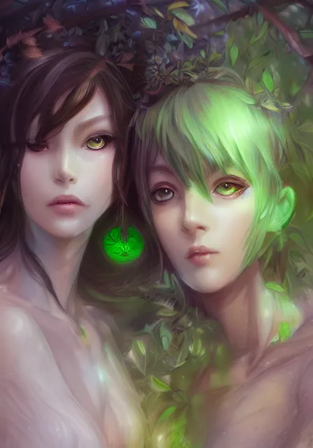 Image similar to A realistic anime portrait of a beautiful dryad twins with glowing green eyes and tree bark skin wearing clothes made of leaves, digital painting, by Stanley Artgerm Lau, Sakimichan, WLOP and Rossdraws, digtial painting, trending on ArtStation, SFW version