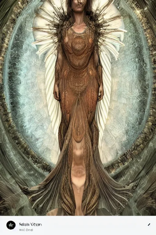 Prompt: a realistic moody photo of a beautiful ancient alien woman goddess kate moss kali standing in iris van herpen dress jewelery and fractals in style of alphonse mucha art nuvo dmt trending on artstation made in unreal engine 4