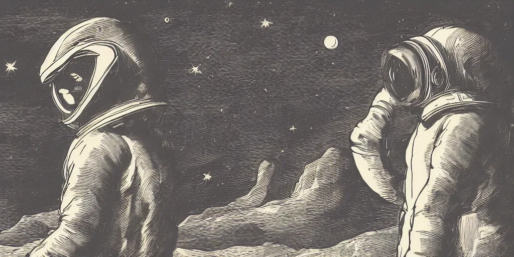 Image similar to portrait of a person wearing a space helmet on an alien planet, space and stars visible in the background, in the style of Goya etchings