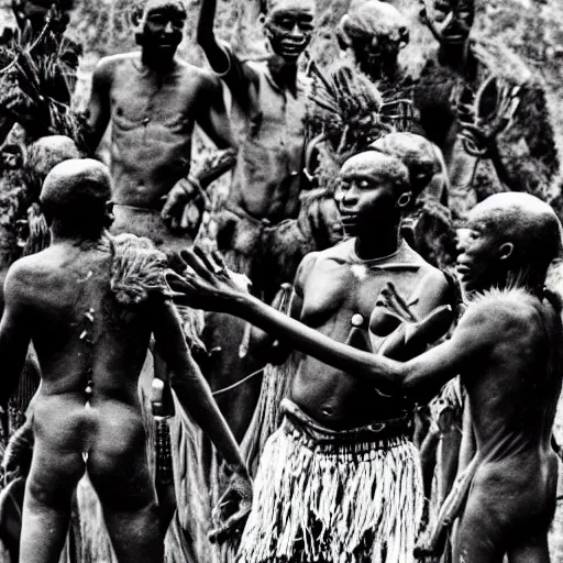 Prompt: a sebastião salgado's photograph of a african tribe performing a ritual in celebration of the death