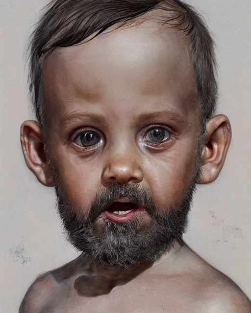 Prompt: portrait of a 5 year old child, with old wrinkly skin and a scruffy beard, very detailed eyes, hyperrealistic, very detailed painting by Joao Ruas, by Artgerm