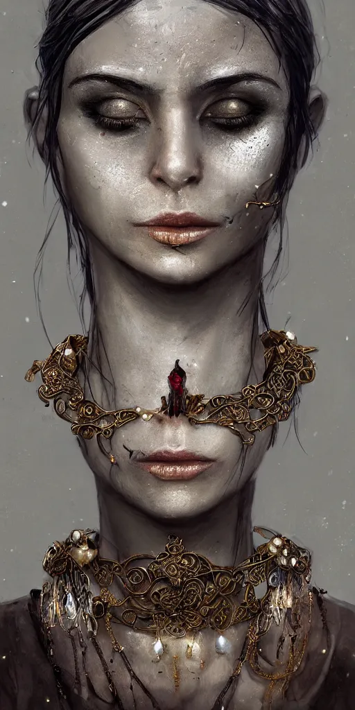 Image similar to realistic character concept, mime with lots of jewelry in the face, elegant pose, scifi, illustration, slender symmetrical face and body, artstation, cinematic lighting, hyperdetailed, cgsociety, 8 k, high resolution, charlie bowater, tom bagshaw, single face, insanely detailed and intricate, beautiful, elegant, golden ratio, dark fractal background, vfx, postprocessing