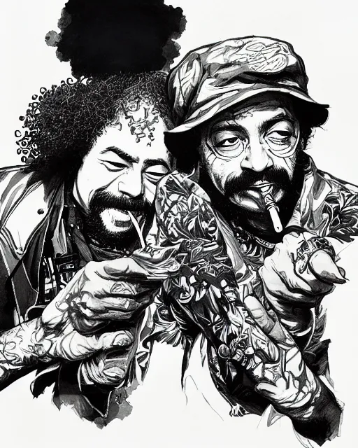 Image similar to portrait of cheech and chong smoking weed, concept art, sumi - e style, intricate linework, artstation, trending, highly detailed, smooth, focus, art by yoji shinkawa,