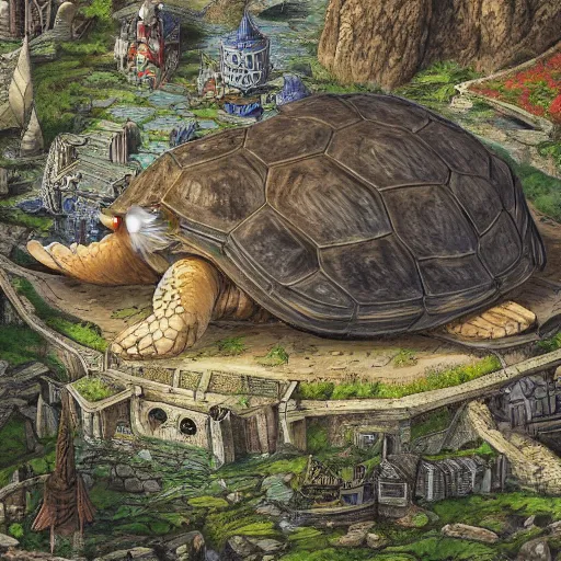 Image similar to giant tortoise with large castle growing from the shell, distant shot birds eye view, fantasy, hyper detailed, 4 k, howls moving castle, mortal engines,