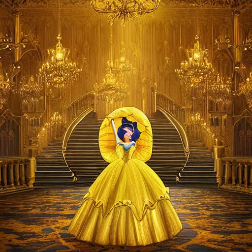 Prompt: cinderella dressed in the world's most beautiful yellow ballgown stands gracefully in the middle of a magical ballroom of a fairytale castle, spotlight on her. highly detailed fantasy art, ultra realistic, digital art, dreamy atmosphere and soft illumination