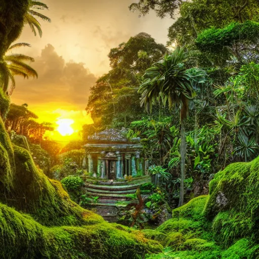 Prompt: a jungle temple surrounded by moss and tropical flowers, with a sunset, by alex horley, bokeh photography