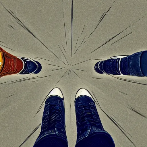 Prompt: 1 st person pov looking down at your shoes, digital art, detailed, trending in artstation