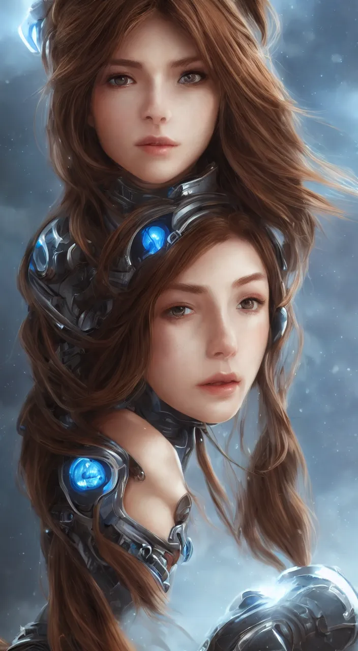 Image similar to detailed portrait of perfect brown haired girl, semi - android, tight armor, beautiful, pretty face, blue cyborg eyes, innocent, scifi, 4 k, sun yunjoo, ultra realistic, aura of light, cinematic lighting, highly detailed, sharp focus, artstation, masterpiece, art by hyungjin yang