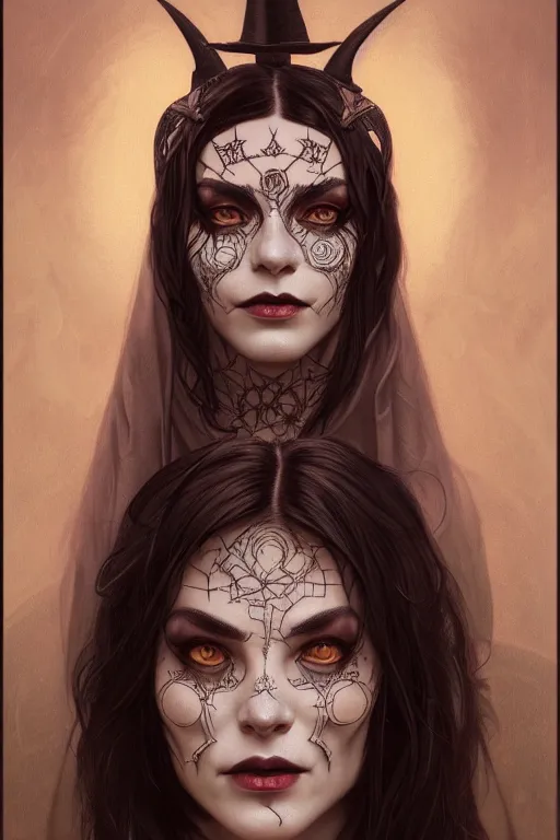 Image similar to portrait of a satanic witch, tattooed face, upper body, decorated, intricate, elegant, highly detailed, digital painting, artstation, concept art, smooth, sharp focus, illustration, art by artgerm and greg rutkowski and alphonse mucha, 8 k