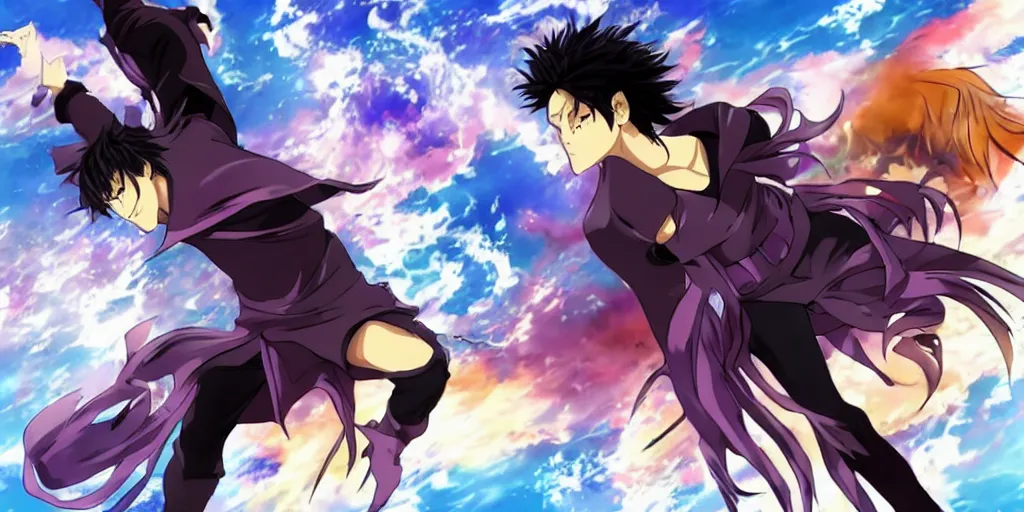 Image similar to meo fighting morpheus, anime style,