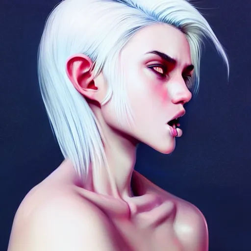 Image similar to longshot of a beautiful girl with white hair crossing her eyes and sticking her tongue out, slight smile, digital painting, concept art, sharp focus, illustration, au naturel, hyper detailed, digital art, trending in artstation, smooth render, bright colors, octane rendered, art by kuvshinov ilya h 6 4 0