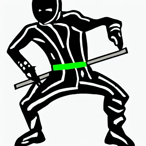 Image similar to 90s retro line drawing of a ninja with synthesizers